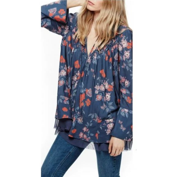 Free People Tops - Free People Navy Blue Floral Print Smock Long Sleeve Tunic Top Size Medium